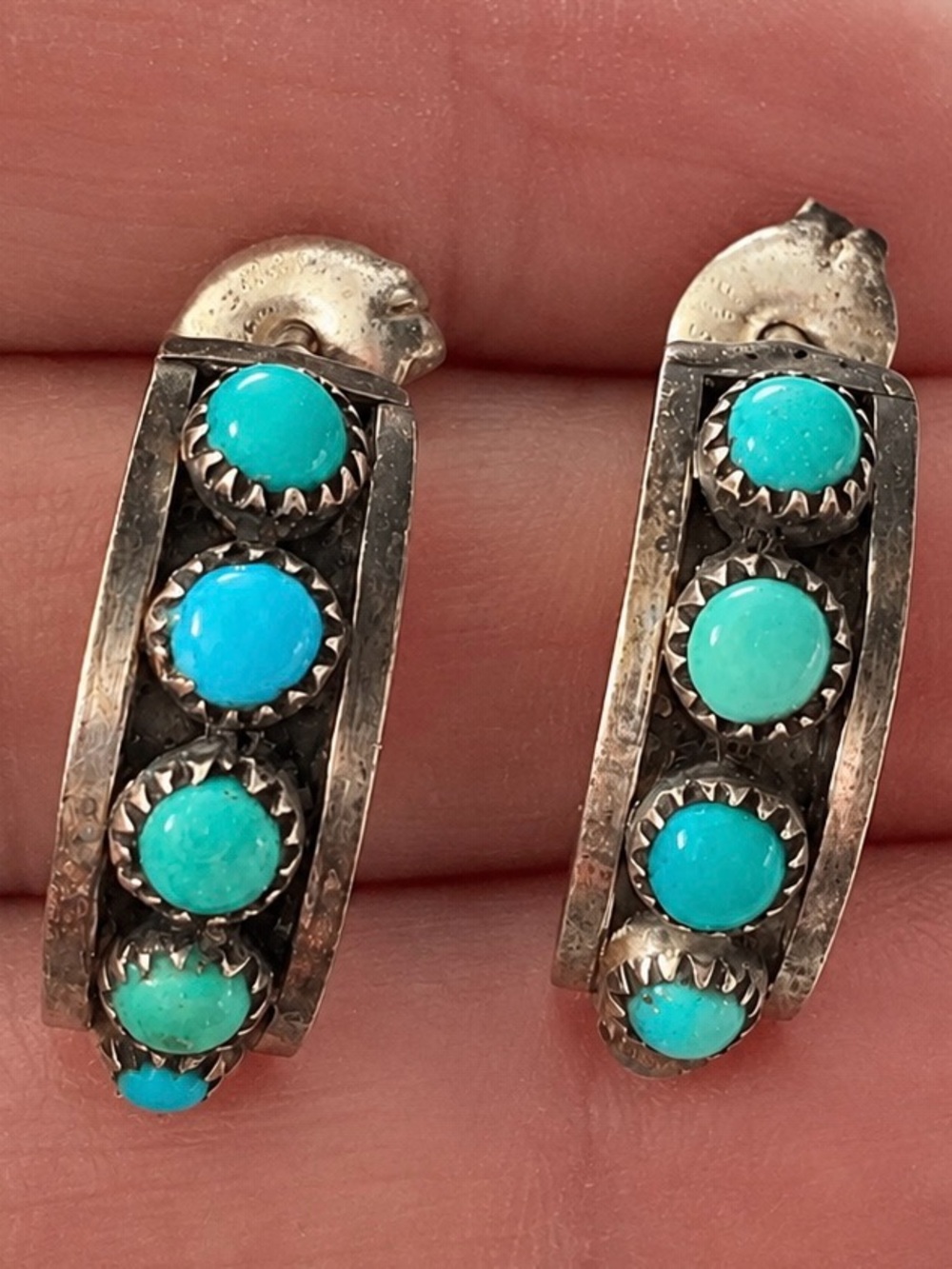 Vintage Sterling Silver Turquoise Hoop Earrings Southwestern Zuni 2.14g